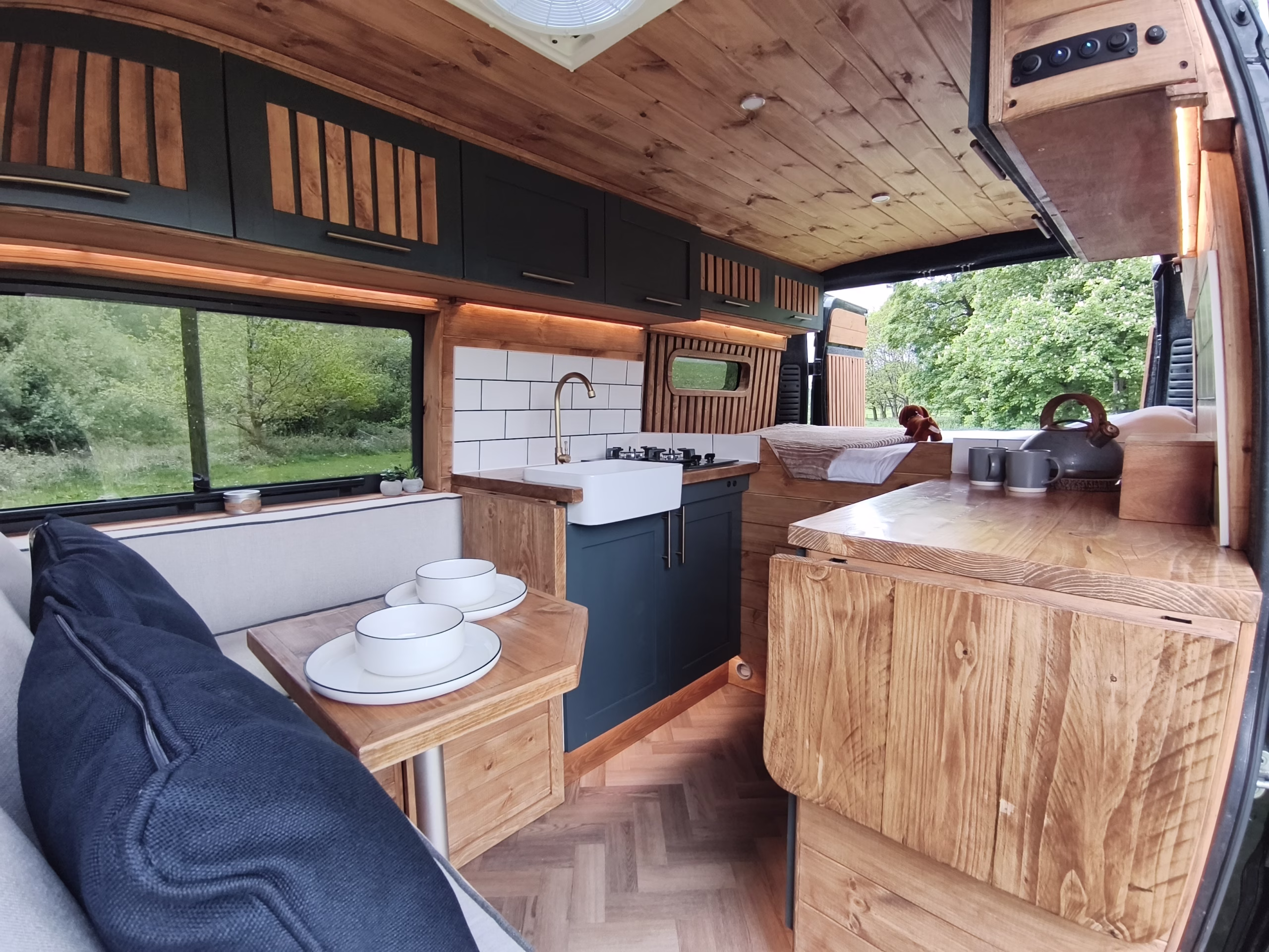 Hand-finished reclaimed timber campervan interior